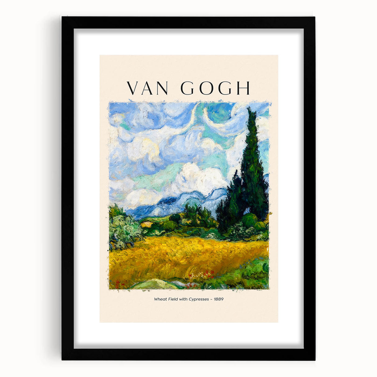 Extra large, colorful abstract art print of a textured scene, framed in black, ideal for living room decor.