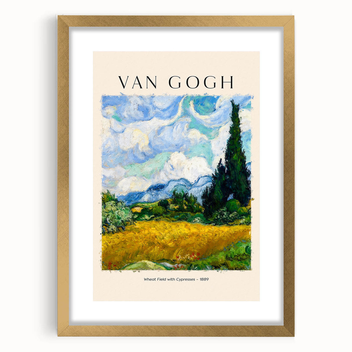 Extra large framed wall art featuring an abstract print of Vincent van Gogh's style in textured gold tones.