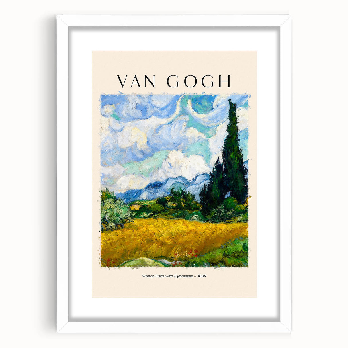Abstract art print of a swirling starry night in blue and yellow tones, framed in white.