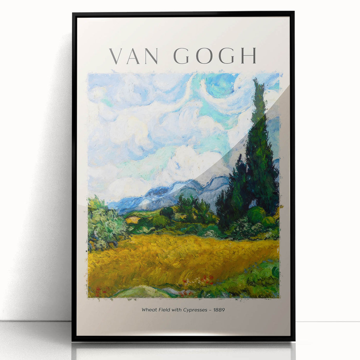 Large abstract wall art featuring swirls of vibrant yellow and blue on black framed acrylic.