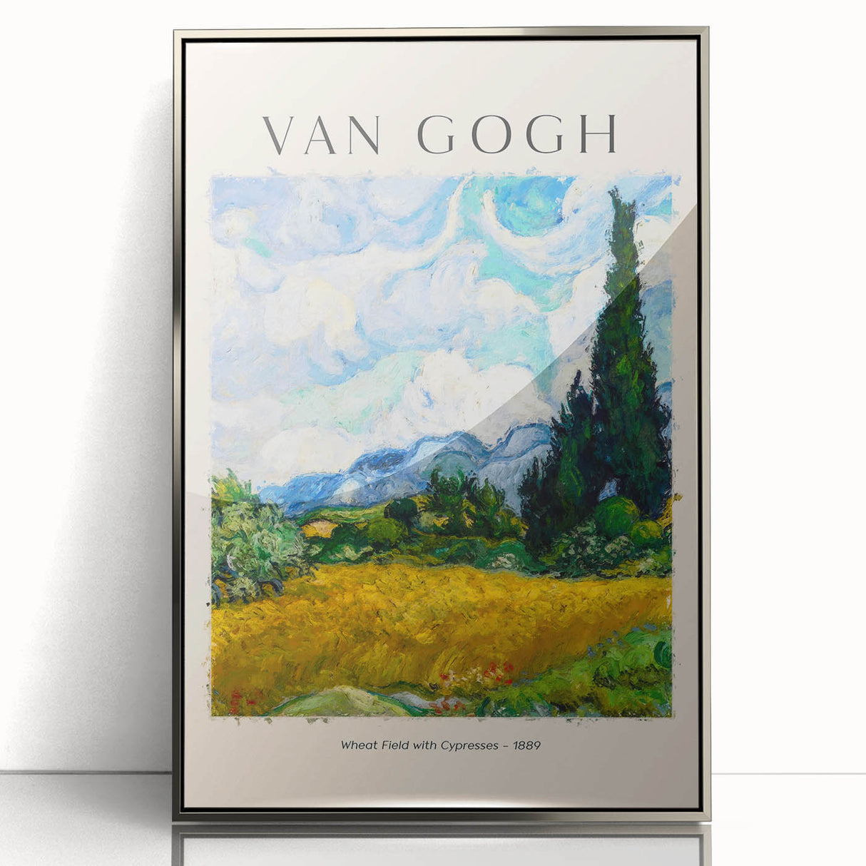 Mid-century modernist art of a starry night in vibrant blue and yellow tones, acrylic print framed in silver.