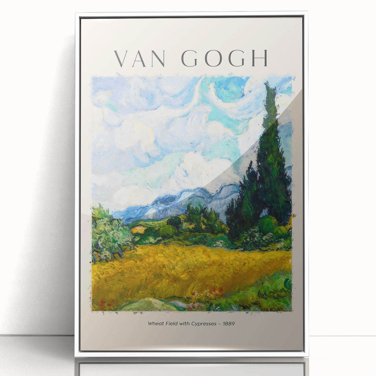 Acrylic print of a Van Gogh painting in pastel shades, framed in white, suitable for modern art wall decor or nursery.
