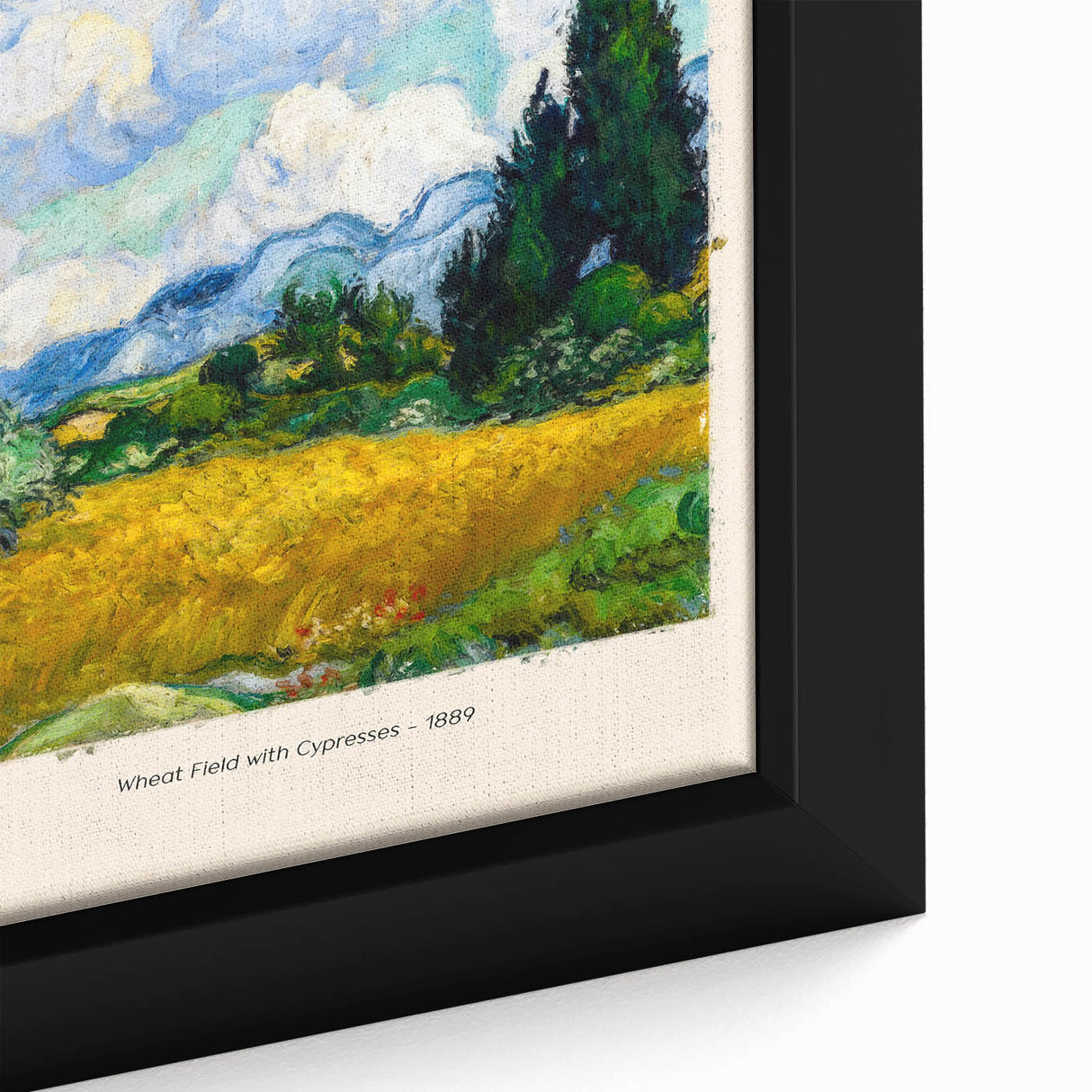 Close-up of a framed canvas featuring a textured, colorful depiction of Vincent van Gogh's style.