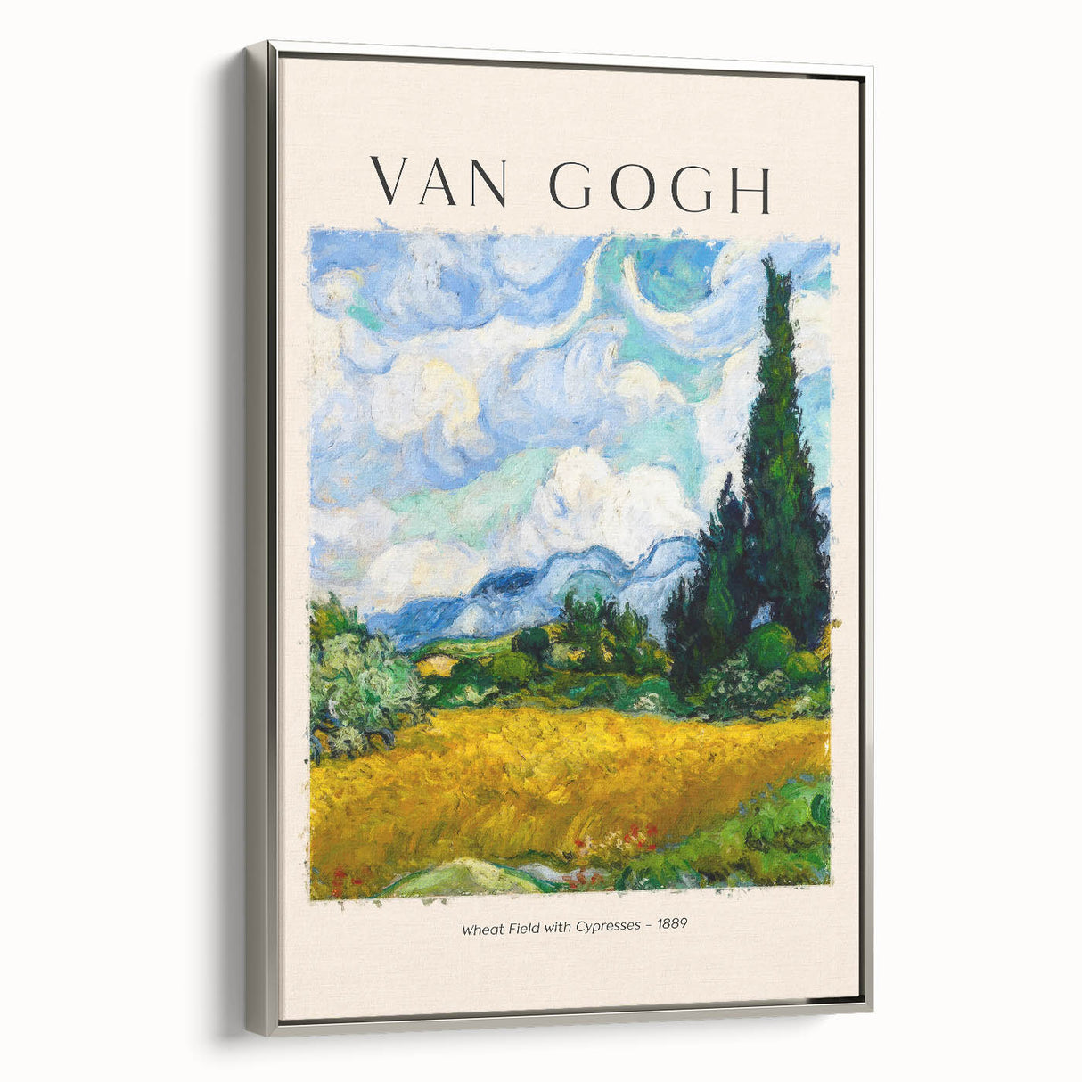 Framed canvas featuring a Vincent van Gogh landscape painting with vibrant colors.