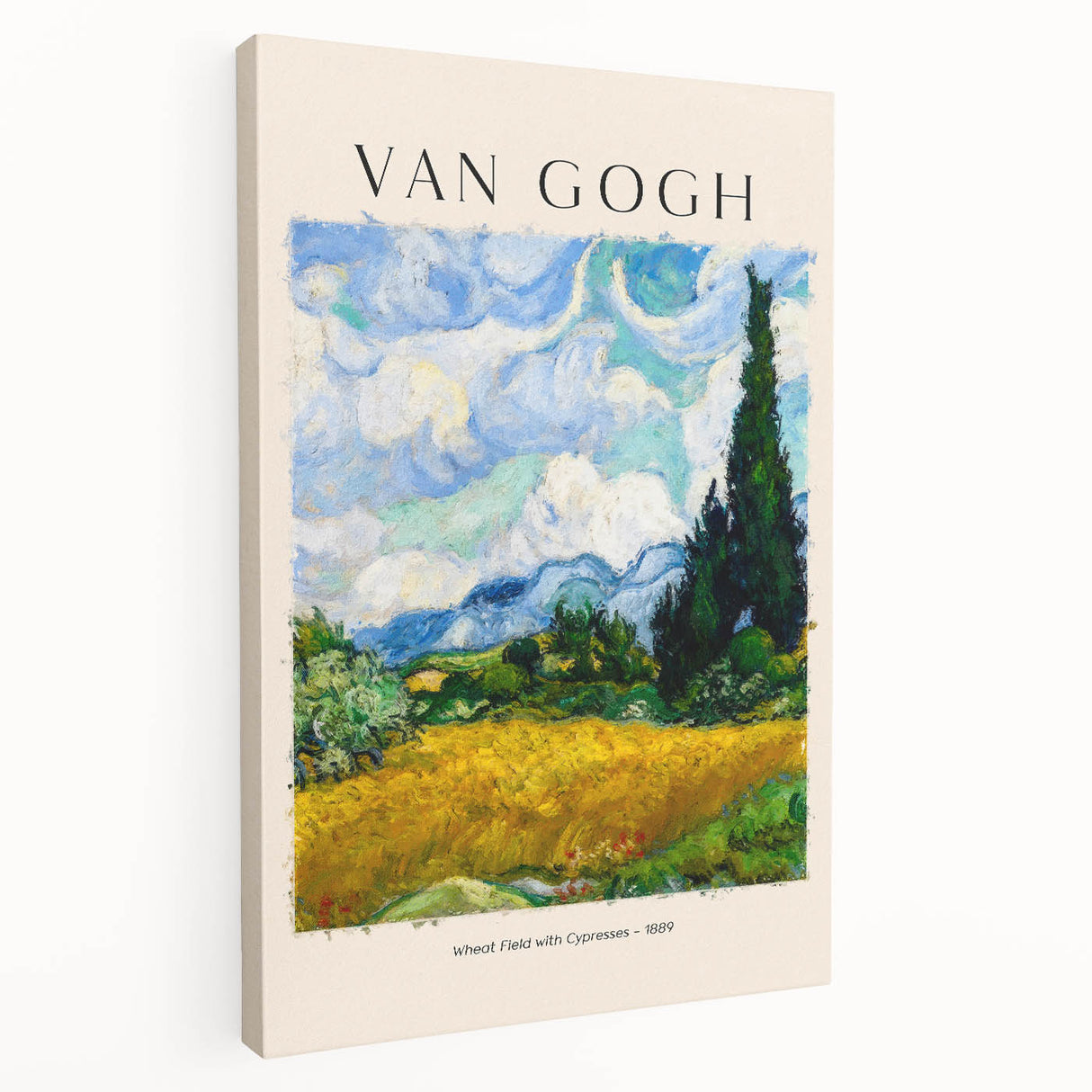 Side view of a stretched canvas featuring a Vincent van Gogh painting with vibrant yellow and blue tones.