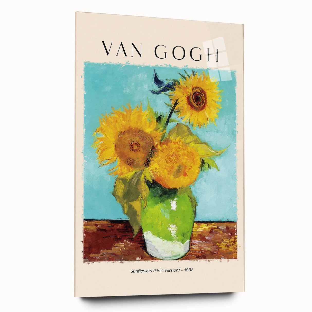 Large abstract wall art print of a Vincent van Gogh painting on acrylic glass, featuring swirling blue and yellow tones.