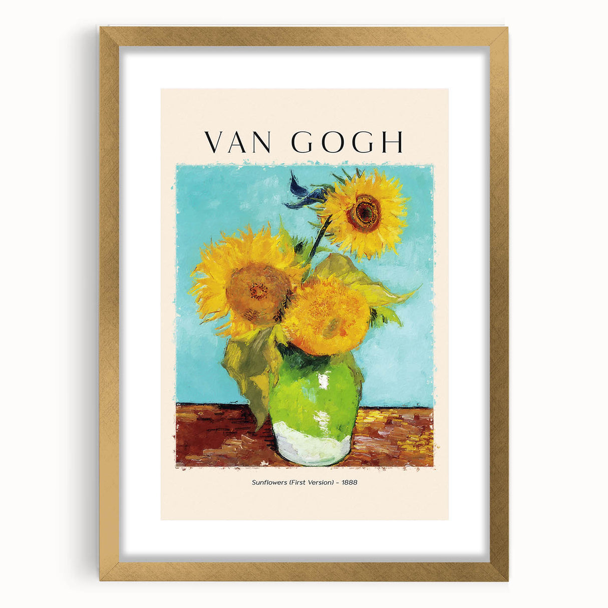 Extra large abstract art print of a textured Vincent van Gogh design in a gold frame, ideal for living room decor.
