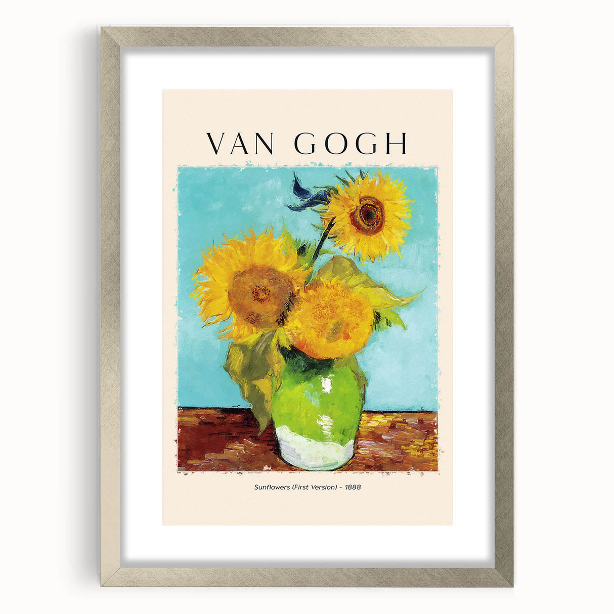 Textured art print of abstract sunflowers in vibrant yellows and greens on a silver-framed canvas, ideal for bedroom decor.