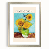Textured art print of abstract sunflowers in vibrant yellows and greens on a silver-framed canvas, ideal for bedroom decor.