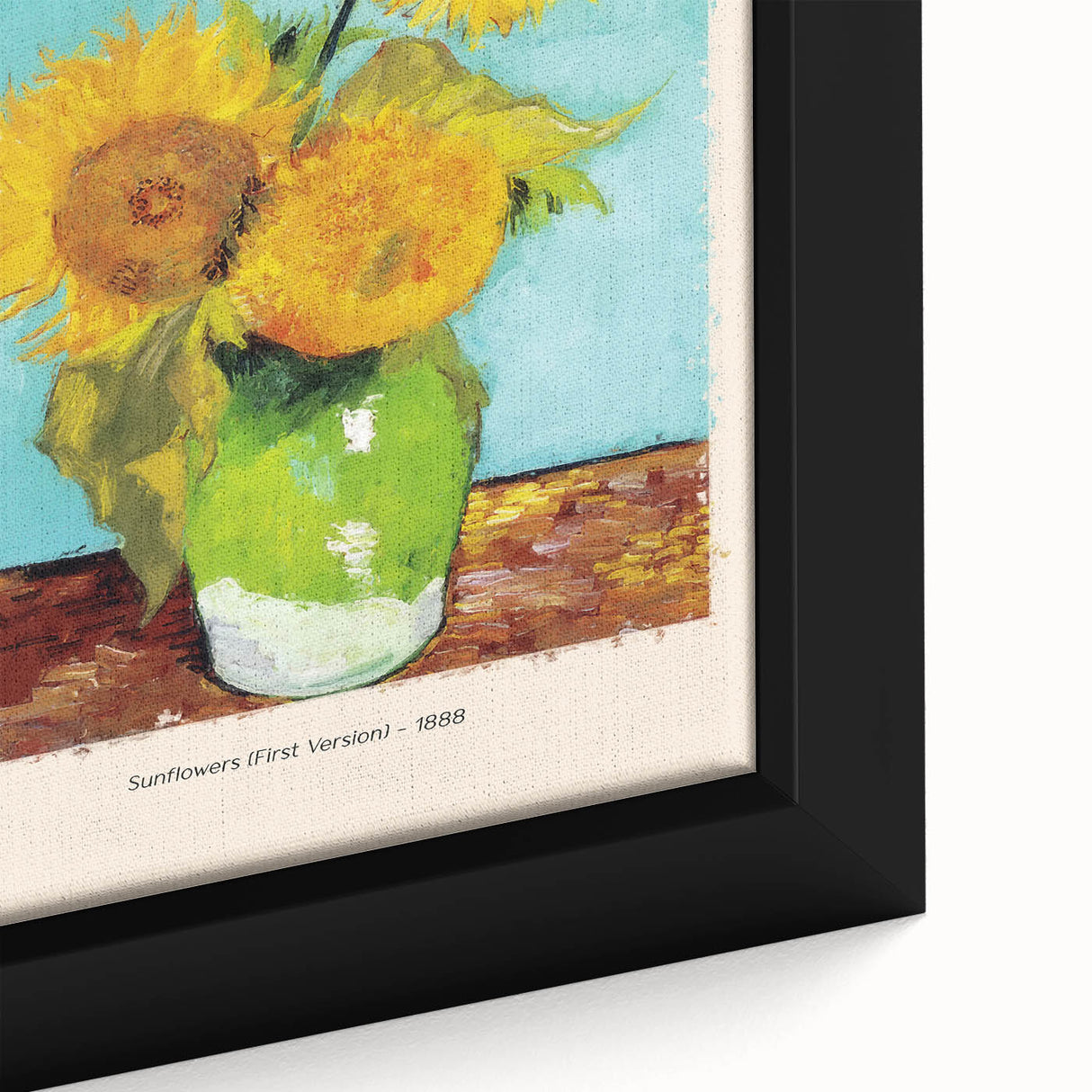Close-up of a textured, black-framed canvas featuring a colorful, impressionistic painting, ideal for living room decor.