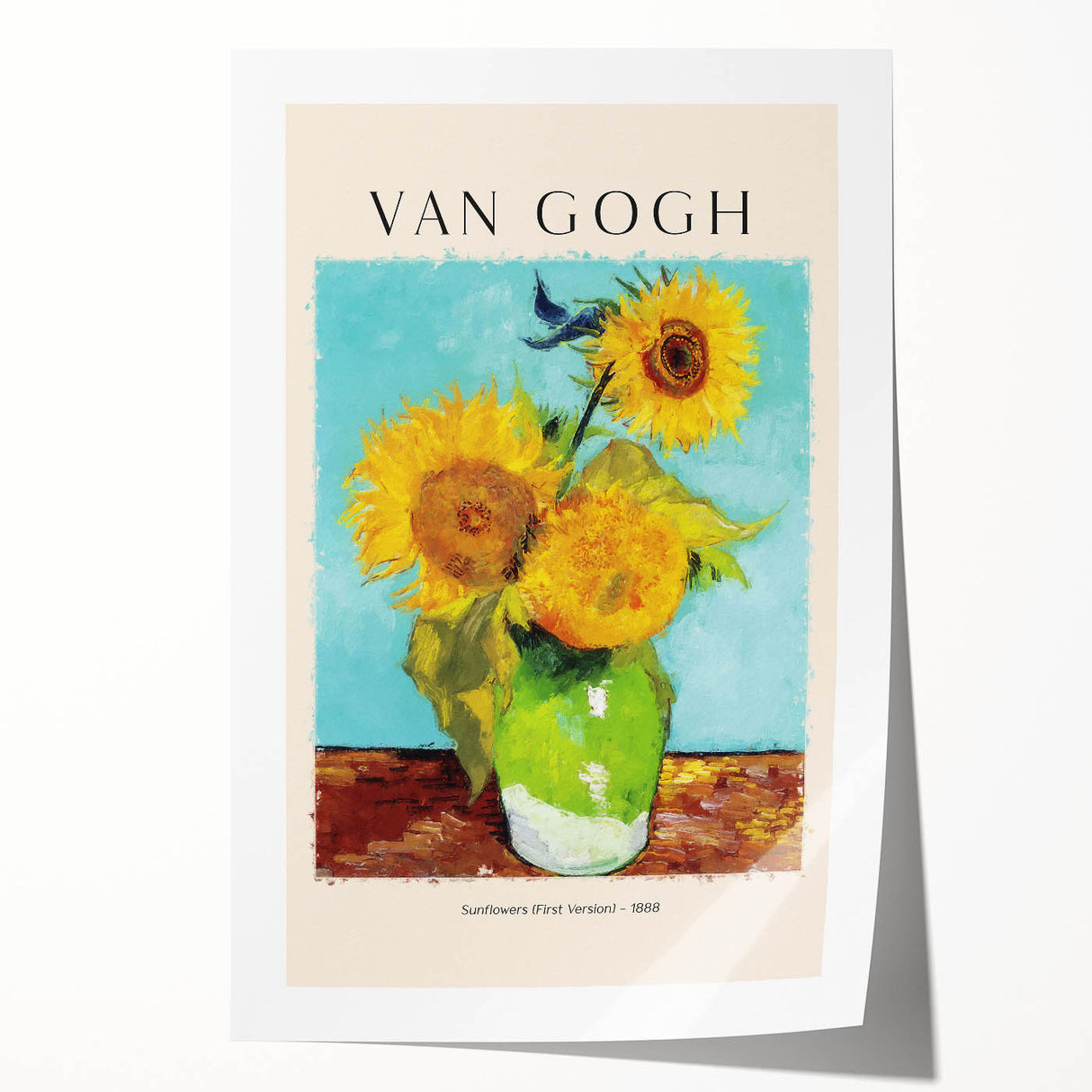 Rolled print of Vincent Van Gogh's floral artwork in vibrant blue and yellow tones, suitable as art wall dining room decor.
