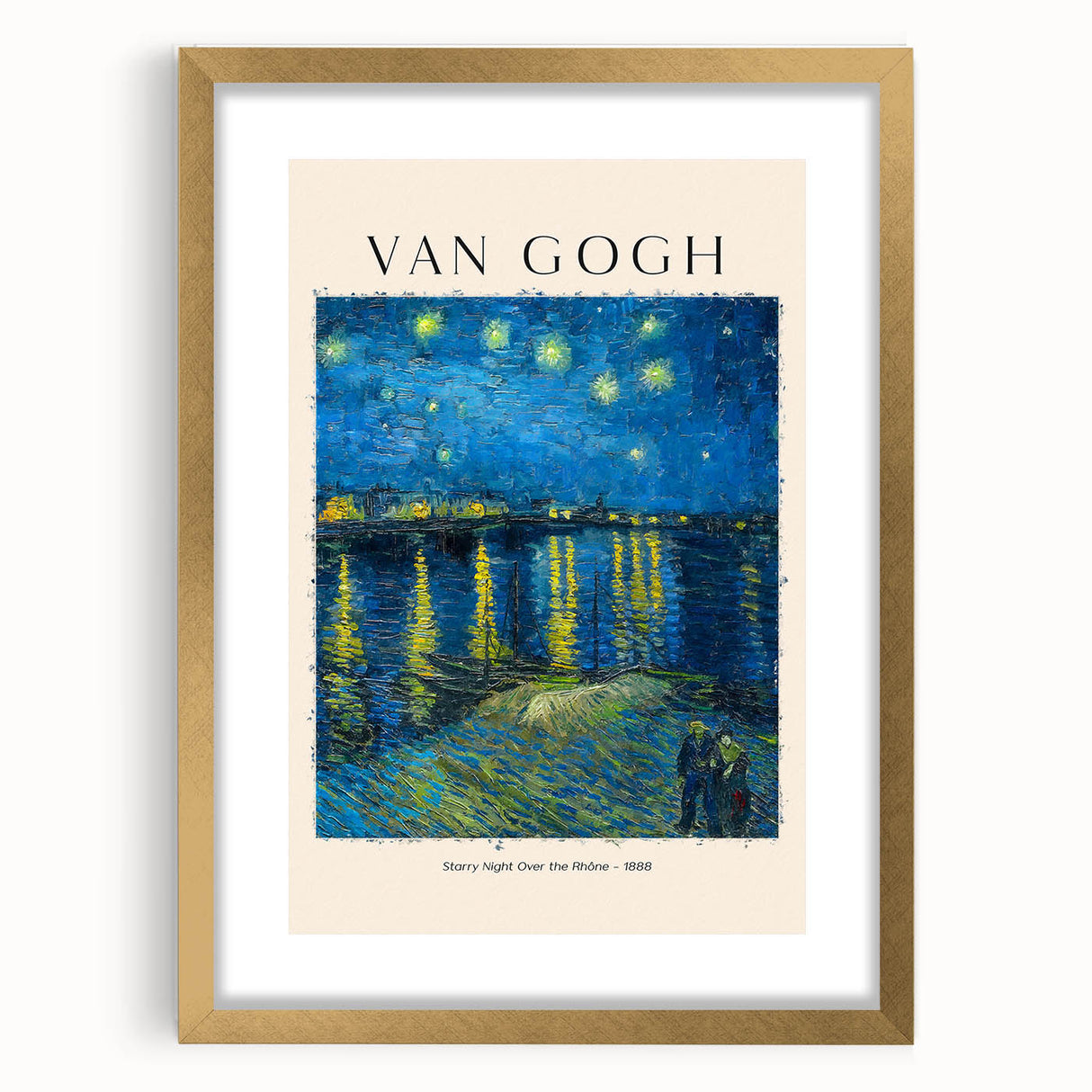 Extra large wall art featuring an abstract print of textured swirls in yellow and blue on a gold-framed canvas.