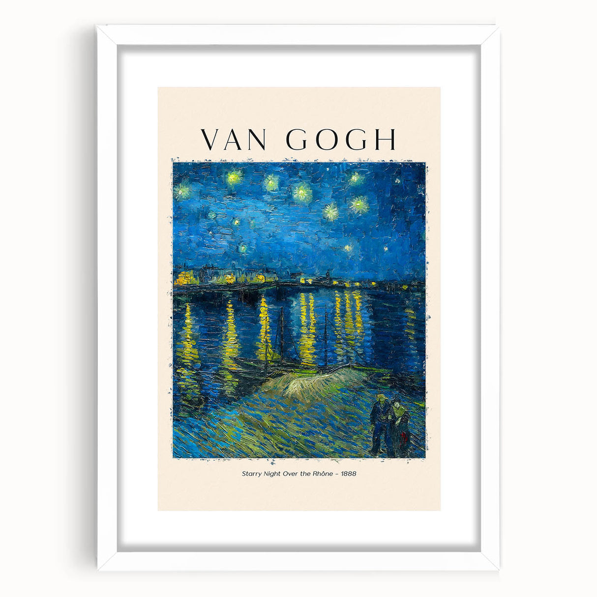 Abstract art print of swirling blues and yellows on a white framed canvas, ideal for modern bedroom or dining room decor.