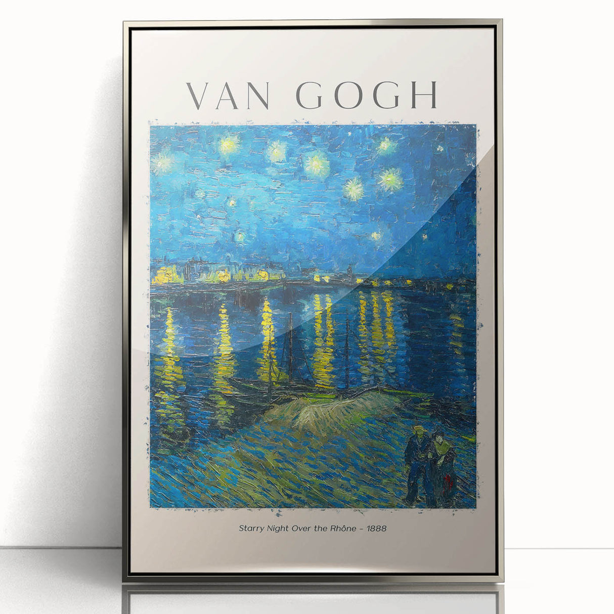 Mid-century modernist art of a starry night scene in vibrant blue and yellow tones on a framed acrylic print.