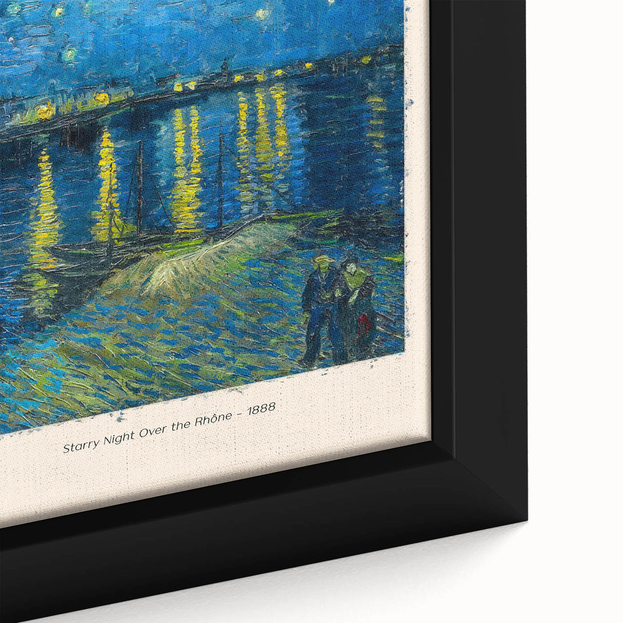 Close-up of a black framed canvas featuring a colorful, textured impressionist-style painting.
