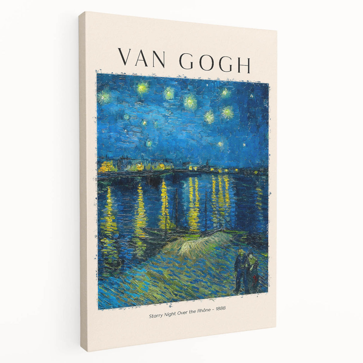 Vincent van Gogh-inspired stretched canvas featuring vibrant, swirling blue and yellow tones, ideal for kitchen wall art.