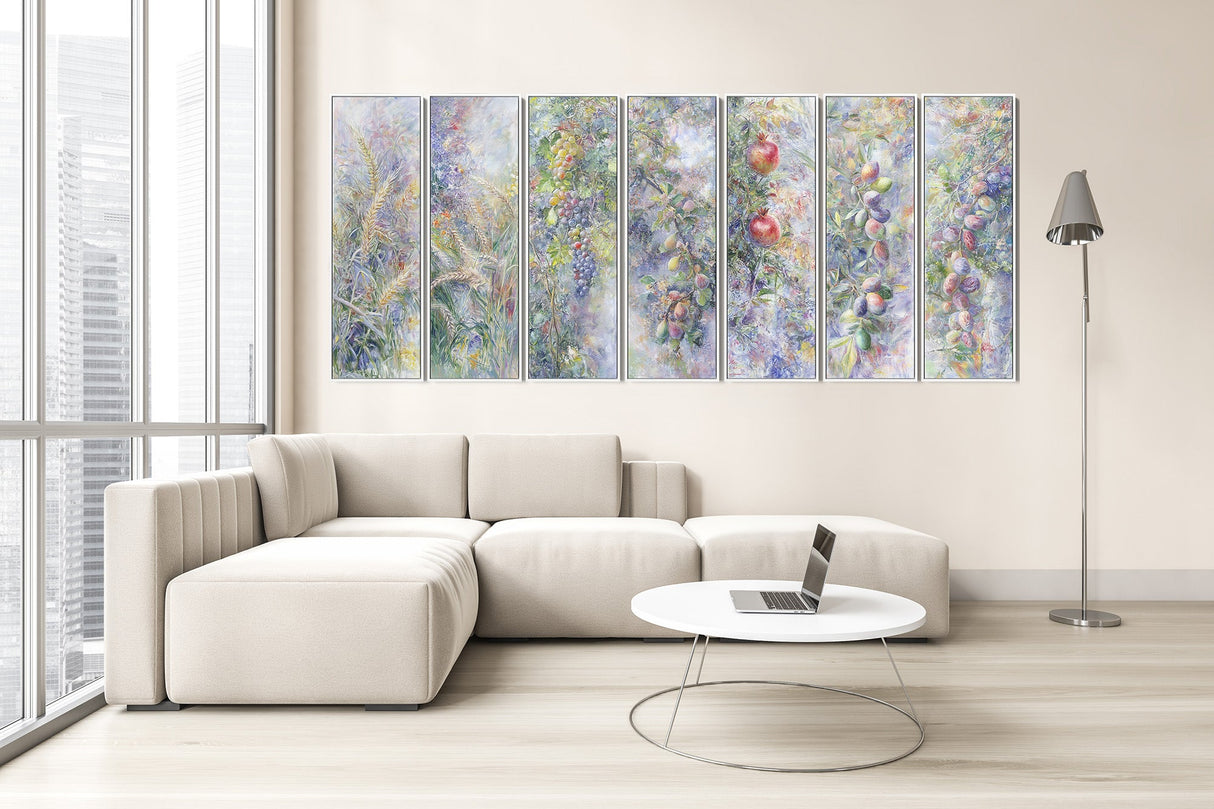 Contemporary Jewish art featuring the Seven Species, crafted as a Hebrew wall decor in a modern living room.