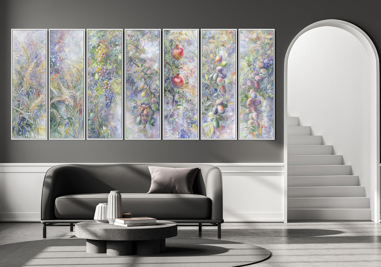 Seven-panel contemporary Jewish artwork depicting the Seven Species of Israel, perfect for Hebrew wall decor.