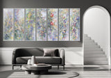 Seven-panel contemporary Jewish artwork depicting the Seven Species of Israel, perfect for Hebrew wall decor.