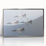Mid-century modernist art of a silver airplane on a muted blue background, framed acrylic print.