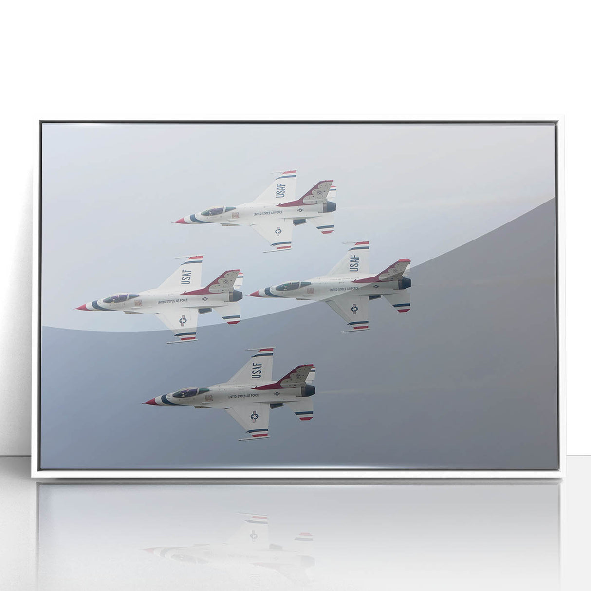 Mid-century modernist art of an airplane in flight, rendered in muted gray and blue tones on framed acrylic.
