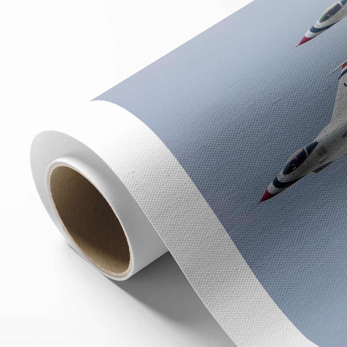 Art deco style airplane illustration in muted blue and gray tones on a rolled canvas, suitable for nursery wall decor.