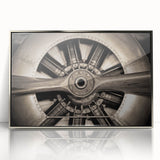 Mid-century modernist art of airplanes in flight, framed acrylic in silver, featuring muted gray and blue tones.