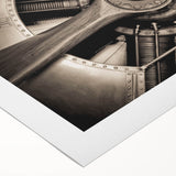 Art deco poster of a vintage airplane in muted silver and blue tones on rolled canvas, suitable for dining room wall art.