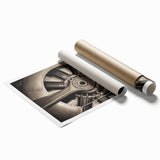 Extra large rolled print of a vintage airplane, rendered in muted earth tones, suitable for dining room decor.