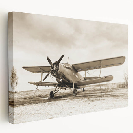 Side view of a vintage airplane in muted sepia tones on a stretched canvas, suitable for kitchen wall art.