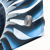 Large abstract wall art of an airplane in muted gray and blue tones on acrylic glass.