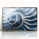Mid-century modernist art of an airplane in flight, using gold and blue tones on framed acrylic.