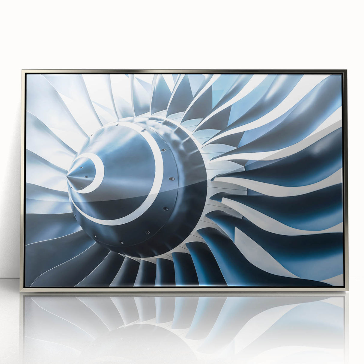 Mid-century modernist large abstract airplane design in silver and gray tones, acrylic print framed.