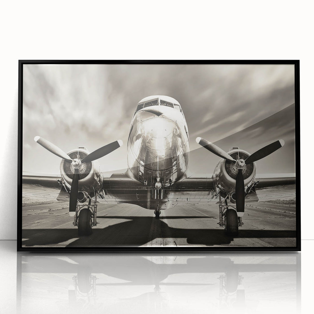 Mid-century modernist large abstract art print of an airplane, in black and white, acrylic framed, ideal for dining room art.