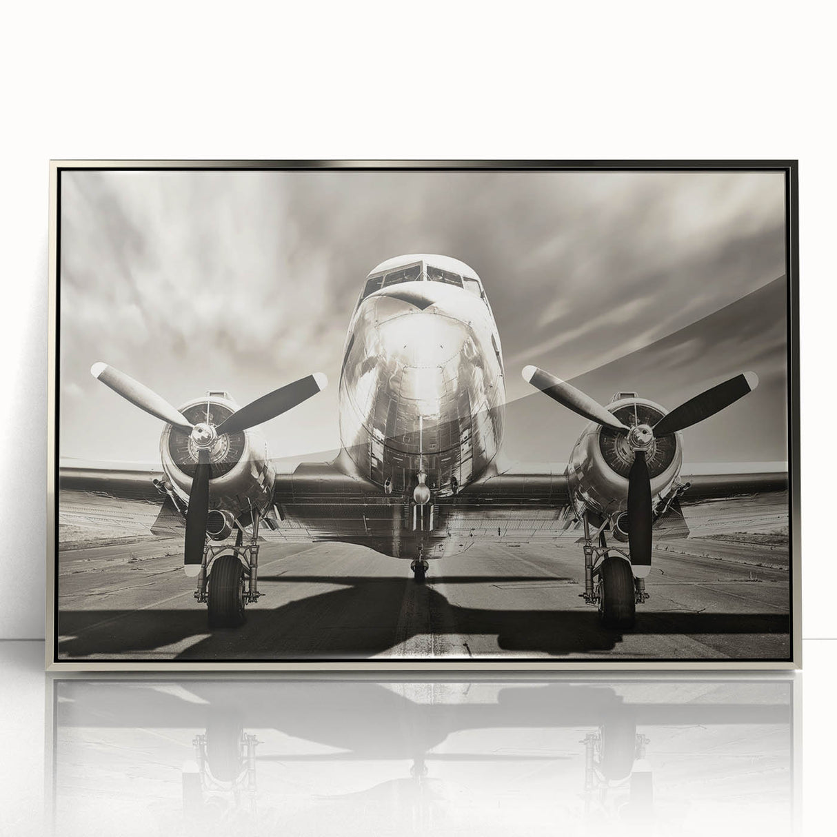 Mid-century modernist airplane illustration in muted gray and blue tones, framed in silver acrylic.