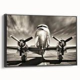 Black and white framed canvas of a vintage airplane, ideal for bedroom wall decor.
