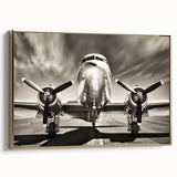 Framed canvas featuring a vintage black airplane on a muted landscape background, ideal for bedroom wall art.
