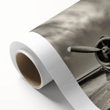 Art deco poster of a vintage airplane in flight, featuring pastel blue and cream colors on rolled canvas.