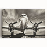Black and white photograph of a vintage airplane on stretched canvas, suitable as large kitchen wall art.