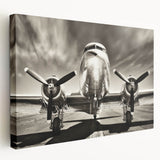 Side view of a vintage airplane on a stretched canvas with neutral gray tones, ideal for kitchen wall art.