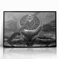 Framed acrylic print of a mid-century modernist abstract airplane design in muted gray and blue, ideal for dining room art.