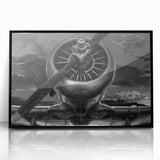 Framed acrylic print of a mid-century modernist abstract airplane design in muted gray and blue, ideal for dining room art.