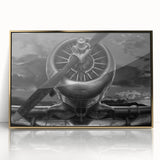 Large abstract wall art of a mid-century modernist airplane in neutral and gold tones on a framed acrylic.