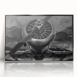 Mid-century modernist art of a silver airplane on a framed acrylic print, using muted gray tones.
