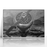 Mid-century modernist art of a stylized airplane in muted blue and gray tones on a white acrylic framed poster.
