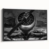 Black and white framed canvas of a vintage airplane, ideal for bedroom wall decor.