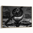 Vintage airplane poster in black and gold tones, framed canvas, suitable for bedroom wall art.