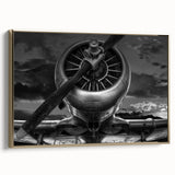 Vintage airplane poster in black and gold tones, framed canvas, suitable for bedroom wall art.