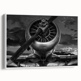 Vintage poster art of a colorful airplane on a black background, framed canvas, suitable for living room decor.