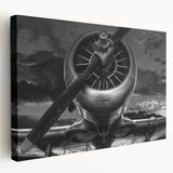 Side view of a vintage airplane in muted gray and blue tones on stretched canvas, suitable for kitchen wall art.
